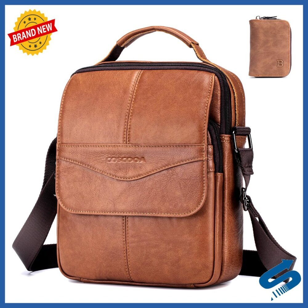 Genuine Leather Messenger Bag with Multiple Pockets, Adjustable Strap
